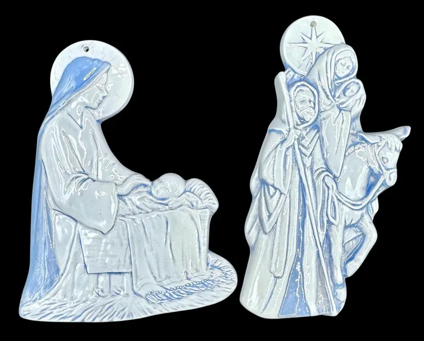 Set of 2 Ceramic Christmas Holiday Ornament Nativity Mary Joseph Baby Jesus Blue