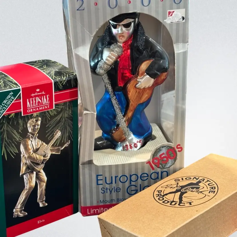 Elvis Presley Ornament Lot – Hallmark 1992 Brass, 2006 Guitar, Millennium 2000 Glass – Set of 3 w/ Boxes