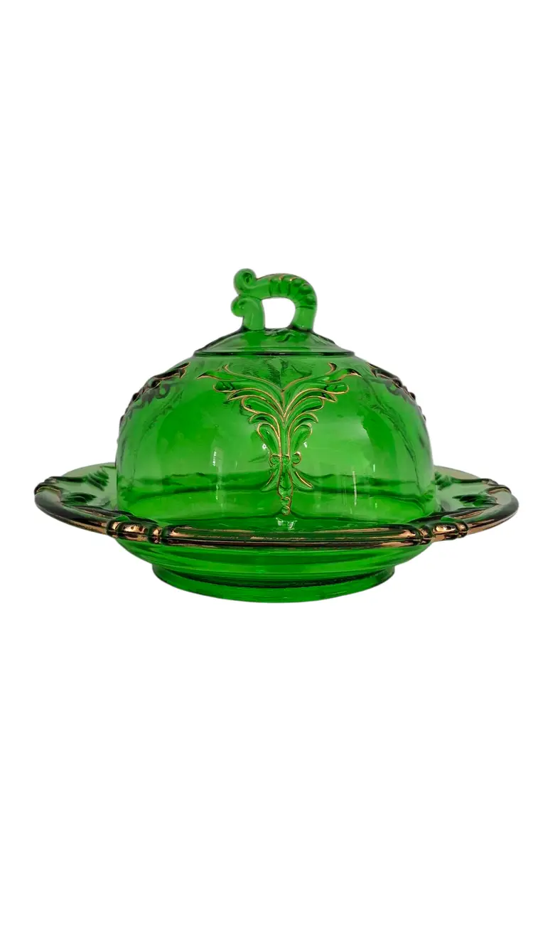 Emerald Green EAPG Covered Butter Dish • Doric Scroll Pattern w/ Gold Trim • Victorian Pressed Glass