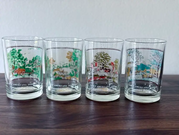 Vintage Currier & Ives Four Seasons Glasses Set | Mid Century Frosted Tumblers - Hard to find set