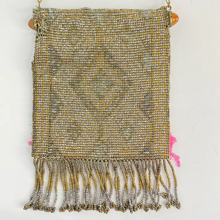 #02 Antique French Beaded Purse Amber Glass Fringe 1920s Made in France Repair Needed