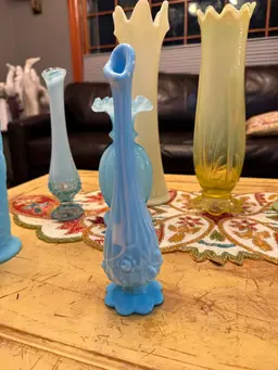 Vintage Fenton Blue Slag Swung Vase Cabbage Rose Pattern apx 10”