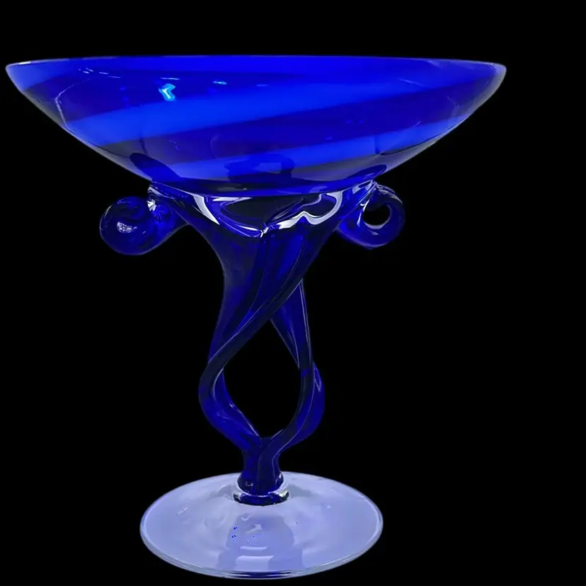 Blue glass decorative pedestal bowl