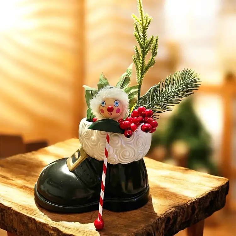 1974 Santa Boot Planter With Ornament And Greenery