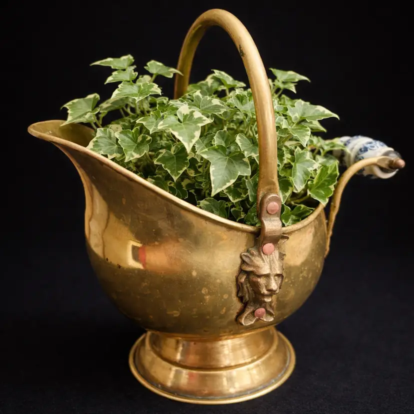 Coal Scuttle Brass Planter Porcelian Handle Face On Sides Copper Studs Holland