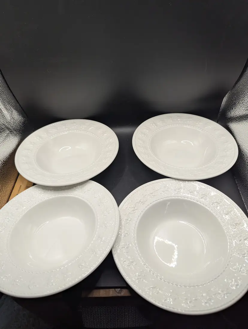 Vintage Set of 4 Wedgwood Home Festivity Rim Cereal Bowls, Off-White Embossed Fruit, 7 1/2"