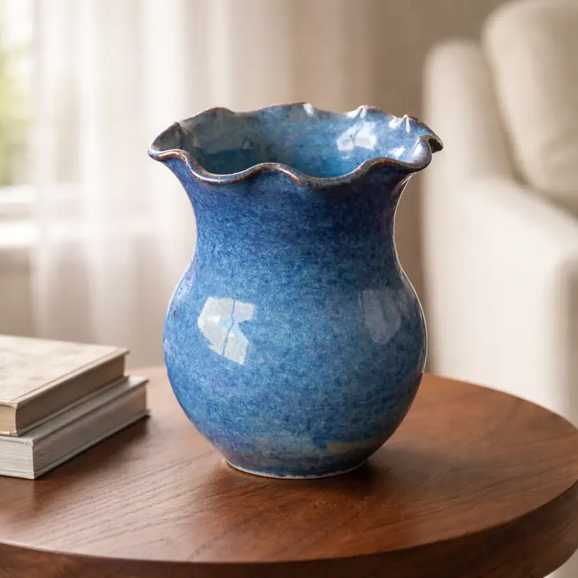 Blue Ceramic Vase with Ruffled Rim, Artist Signed by Sid Luck, 2007
