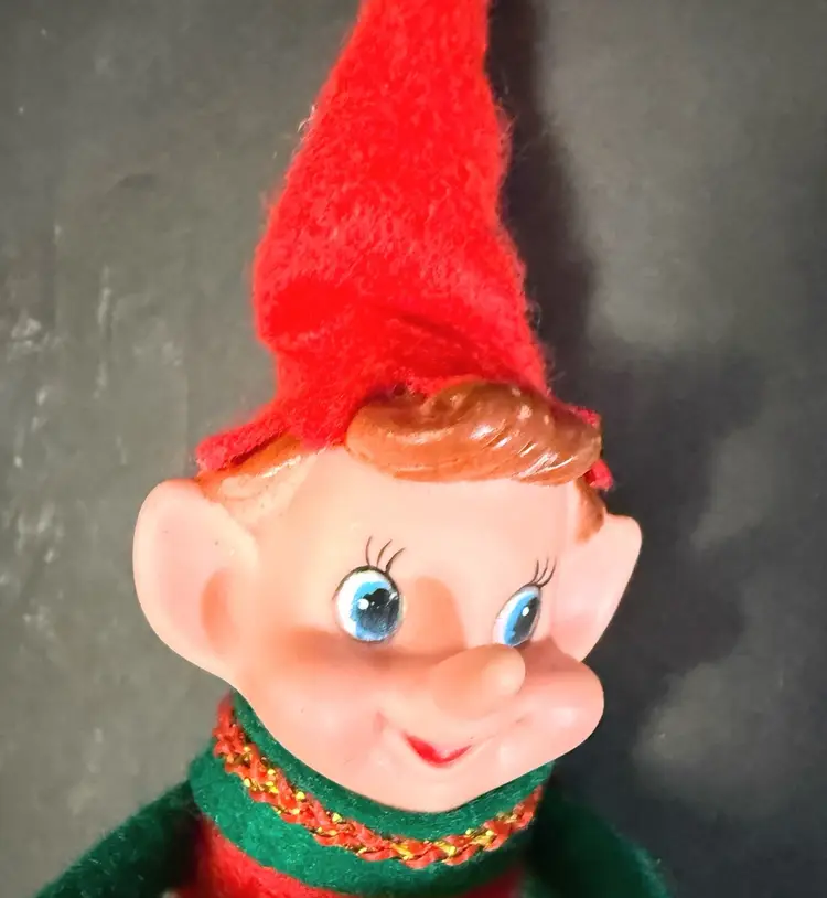 Vintage Knee Hugger Elf Pixie Rubber/Vinyl Face Felt Ornament MCM Green Red
