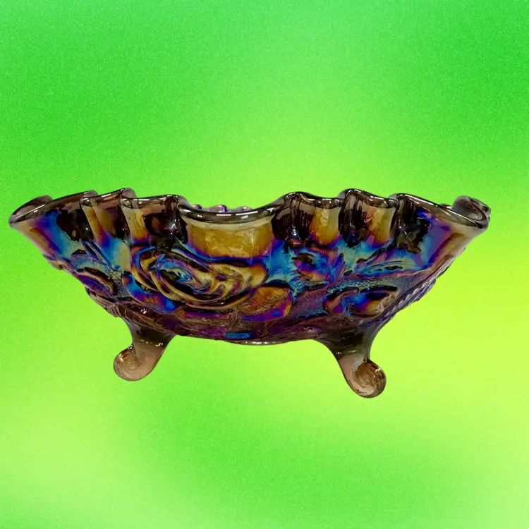 Imperial Glass "Lustre Rose" or "Open Rose" carnival glass 3-footed ruffled bowl.