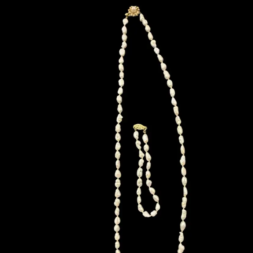 Vintage Estate 24 In Baroque Pearl 14k Necklace & 7.5 In 14k Bracelet Set