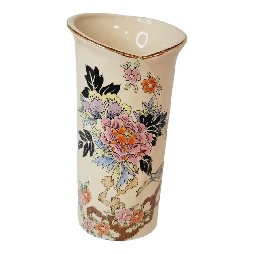 Vintage Shibata Japanese 6" Oval Chin Vase Floral and Bird Design BEAUTIFUL