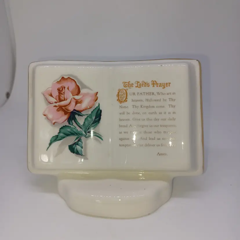 Vintage Napco Open Bible Planter The Lord's Prayer Ceramic Book Vase 1950s