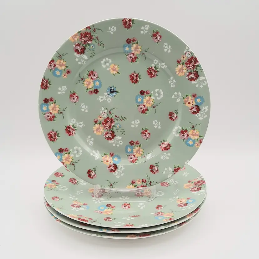Grace Teaware Green Shabby Rose Floral Dessert Salad Plates Fine Porcelain Set of 4