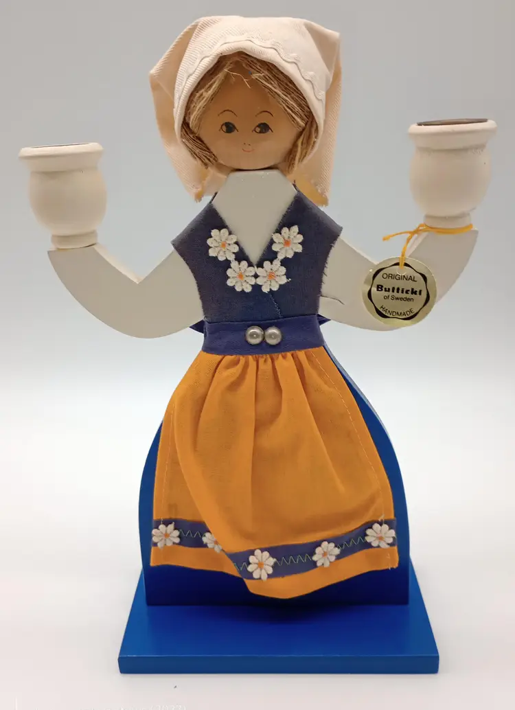 Charming Wooden Swedish Candle Holder Doll, Made By Butticki. Original Tag .
