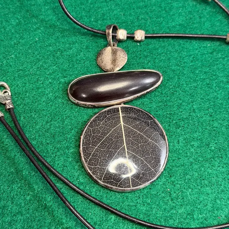 SILPADA 925 Sterling Silver Leaf Pendant on Black Leather Cord Necklace Black Ebony Wood