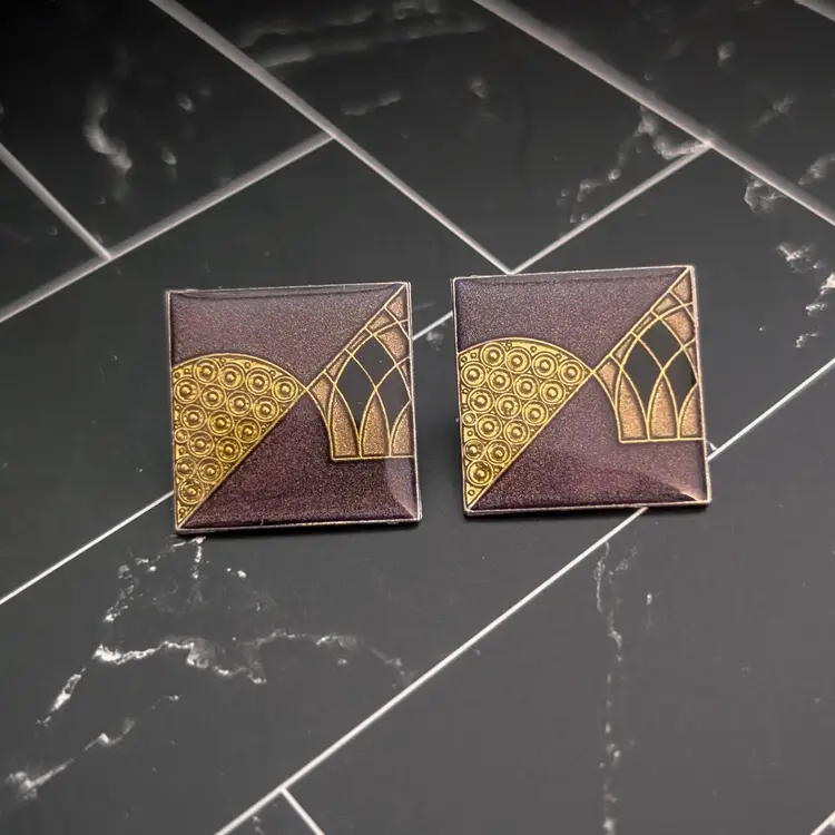 Vintage Stud Earrings Stunning Brown & Brass Tone Square Art Deco Style