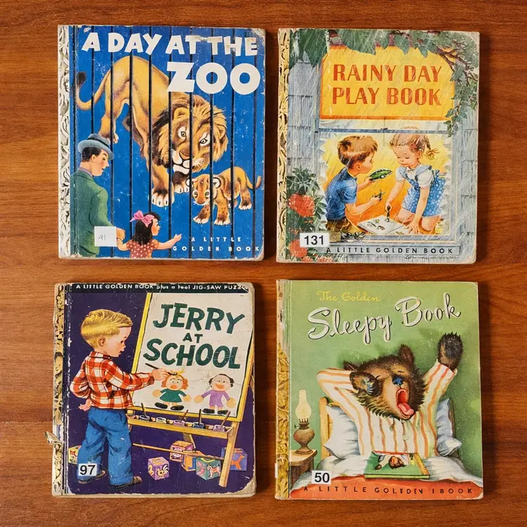 Vintage Little Golden Books Lot 4 Sleepy Book Rainy Day Play Zoo Jerry School First Editions