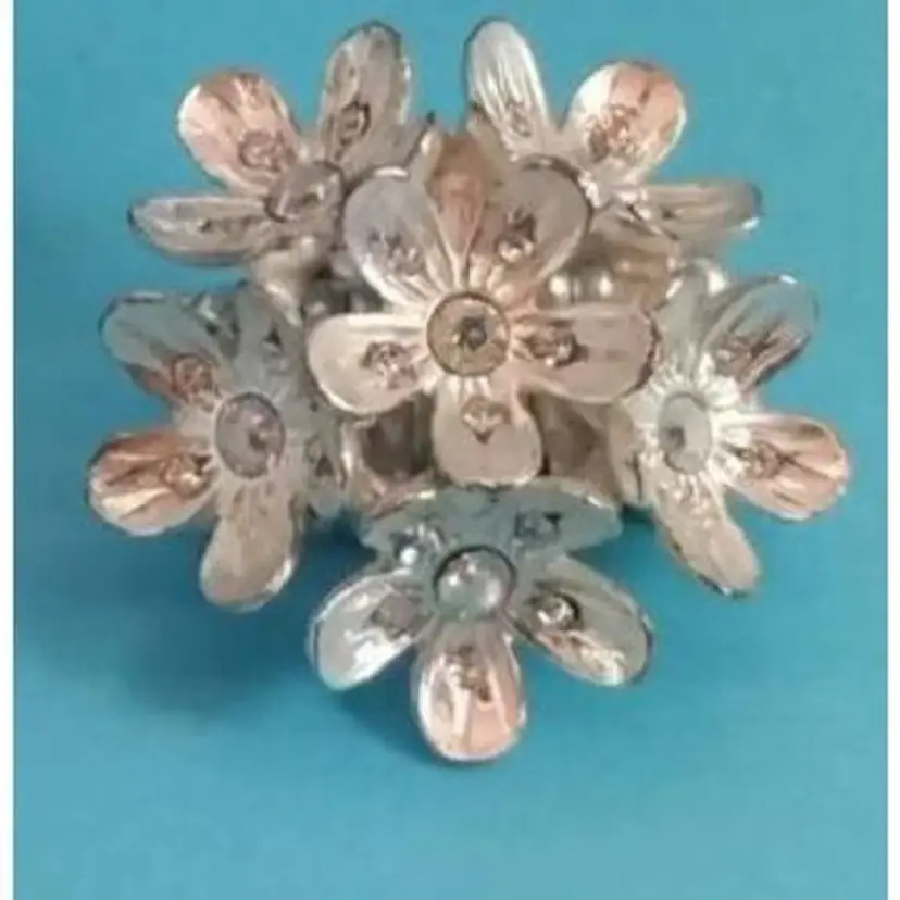 Vintage Silver Tone And Rhinestone Cluster Flower Ring, With Linked Elastic Finger Band.