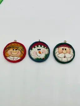 3 Eddie Walker Button Ornaments Faces Angel Snowman Santa Midwest Cannon Falls