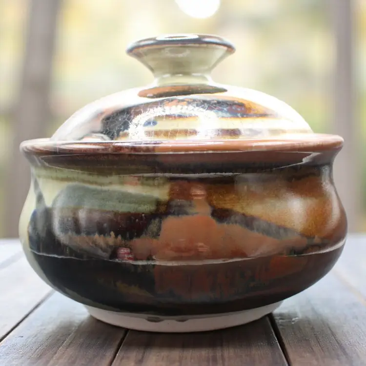 Vintage 1981 Studio Pottery Lidded Bean Pot Signed Diana Hand Thrown Stoneware Casserole 7” Tall 8” Opening