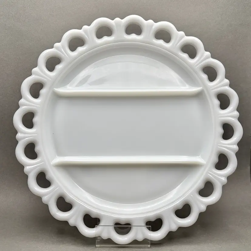 Vintage Anchor Hocking “Old Colony”  White Milk Glass Divided Serving Platter with Open Lace Heart Border