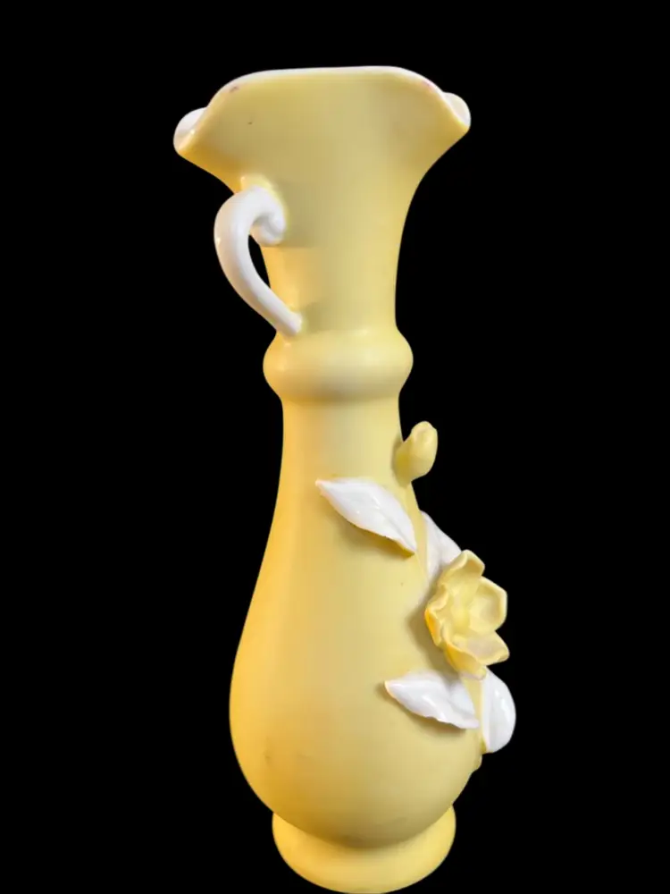 Vintage Pottery Double-Handled Vase with 3D Magnolia & White Glossy Applied Leaves. Flared Ruffled Mouth. Was Produced Between 1947-1948.