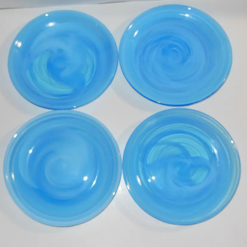 Vintage Set of 4, Pier 1 Imports Aqua & White Swirl Art Glass Dessert/Cake Plates