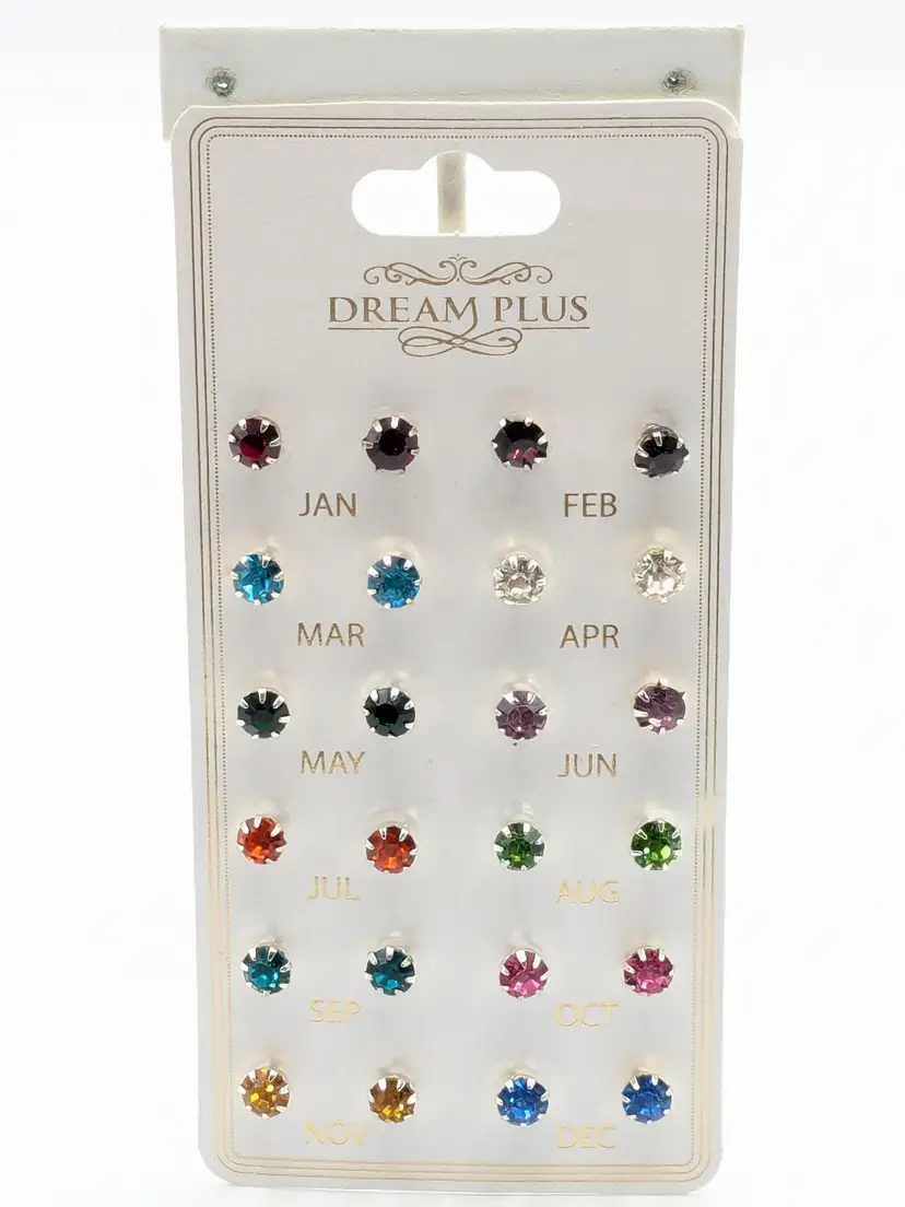 Dream Plus Birthstone Stud Earrings Silver Tone Set of 12 NOS