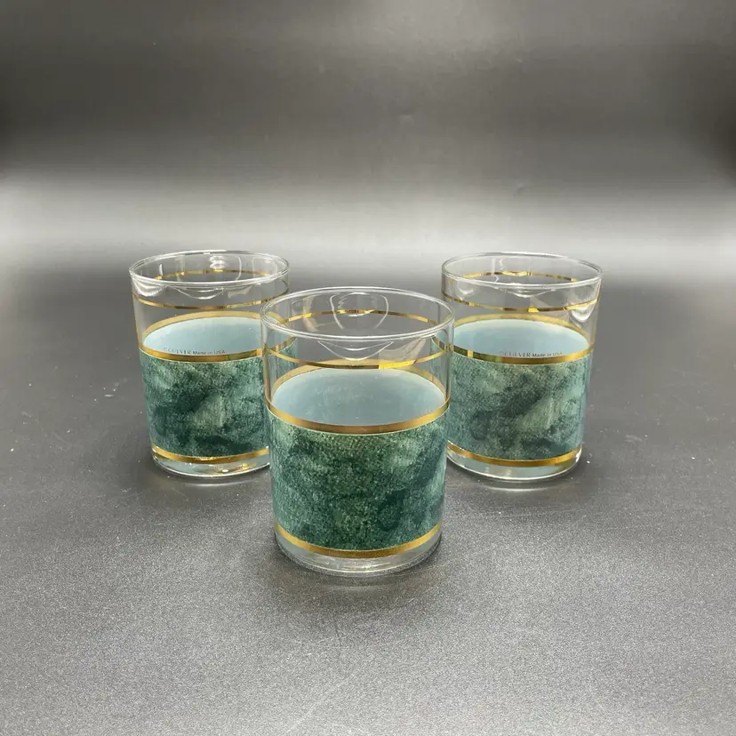 MCM Culver CUV95 Green Marble 22K Gold Lowball Double Rocks Bar Glasses Signed