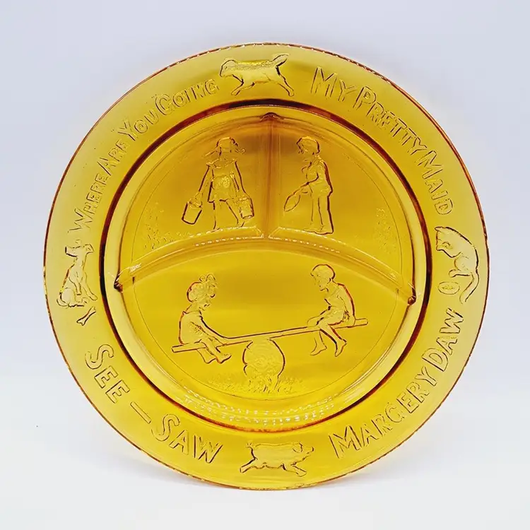 Vintage Indiana Glass Tiara Child's Divided Plate - Amber, See Saw, Margery Daw