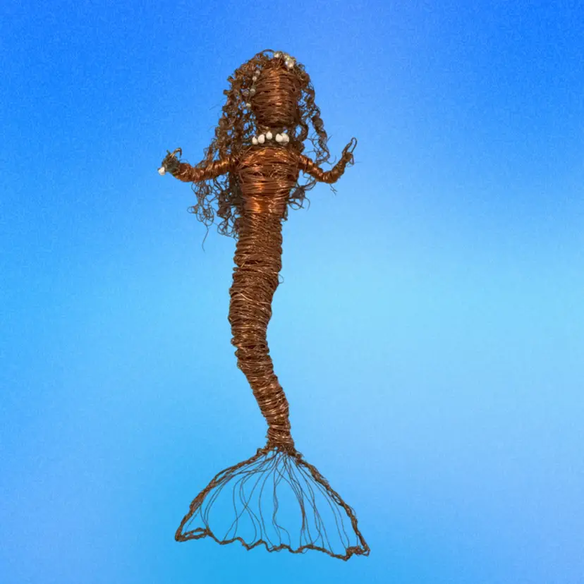 Copper Wire Mermaid 10” Tall 4” Across With Shell And Bead Necklace And Bracelet