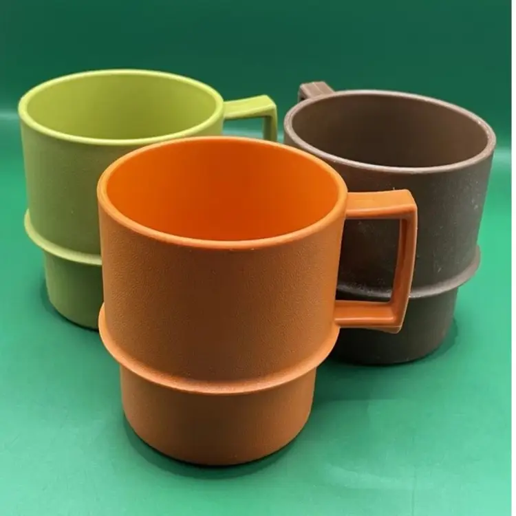 Vintage Tupperware Stacking Mugs Cups Set of 3 Harvest Colors Brown Orange Green