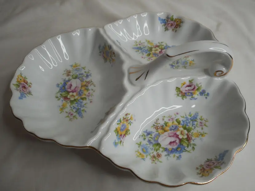3 section Rose Floral Antique Reflections by Godinger Trinket Candy Bowl Dish with Handle Cottage Chic