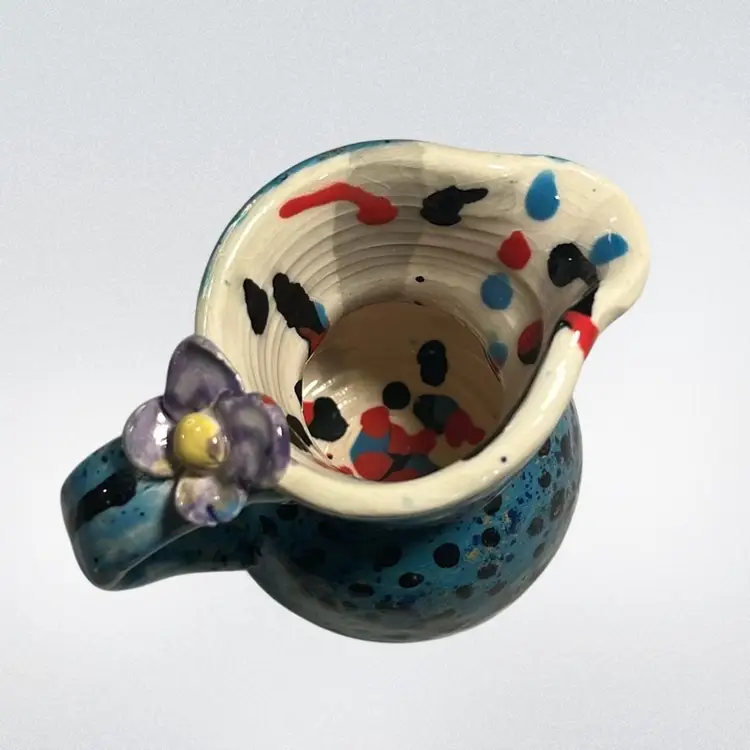Handmade Blue w/ Black Polka Dots Pottery Mini Creamer/Vase With A Flower (Decor Only) Floral | 3.5”