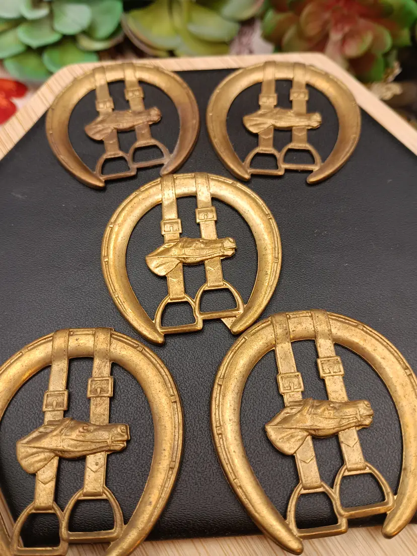 5 Count Vintage Brass Horse and Stirrups Stamping or Pendant