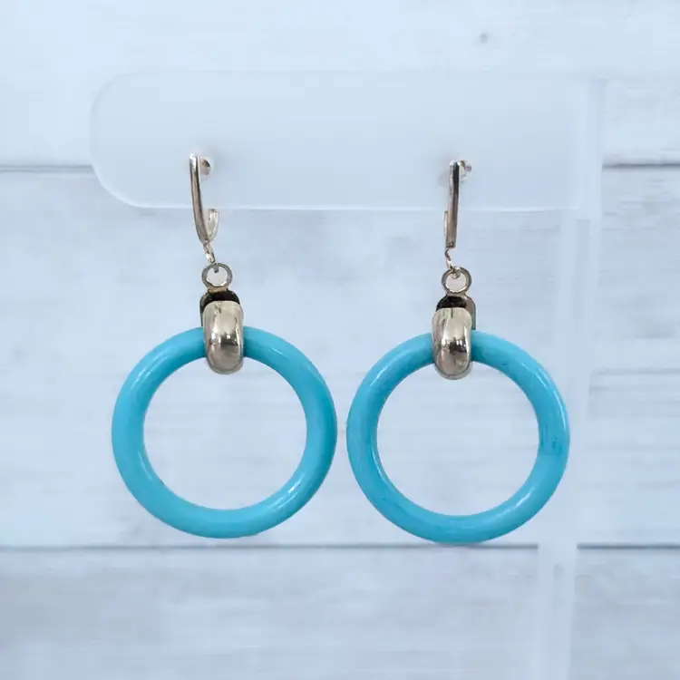Vintage Screw On Earrings Bright Blue Retro Circle Dangle