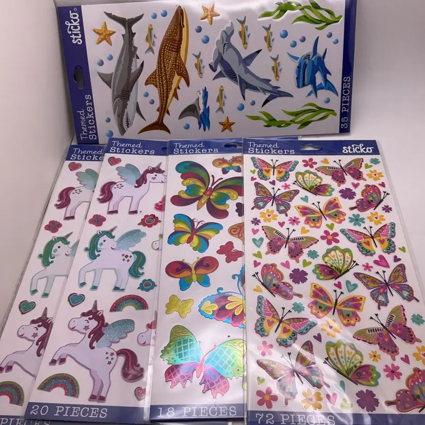 CFT Lot of 4 Themed Stickers - 2 Unicorns, 2 Butterflies and 1 Shark NIB
