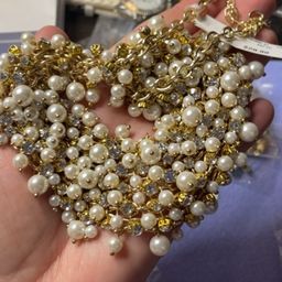 New with tags, folk, pearl, and rhinestone, gold tone necklace