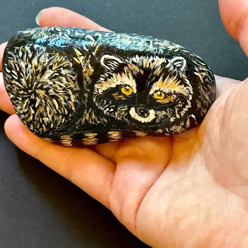 Hand Painted Raccoon Rock 