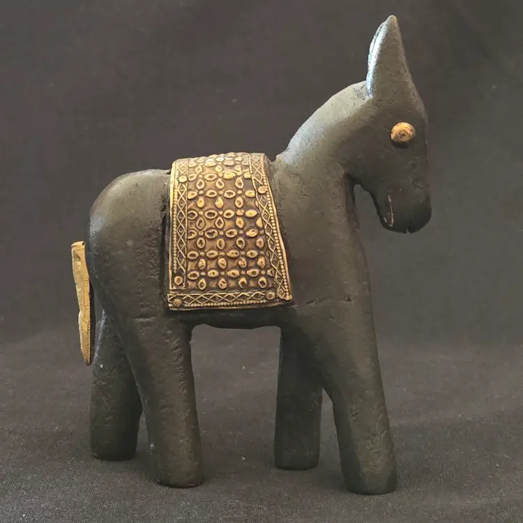 Wood Horse Donkey Figurine Hand Carved with Brass Blanket Unbranded 4½"Tall × 3½"Long