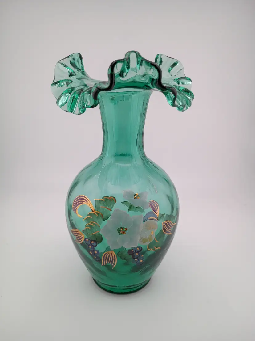 Fenton 1996 Magnolia and Berry on Spruce 9.5" Vase # 1943