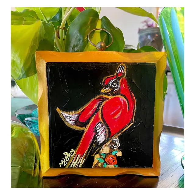 Fancy Cardinal 
New , Original Bird Painting 
On 5” Wood Square 
Acrylic Art