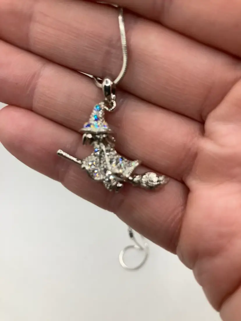 Silver Tone Rhinestone Witch Necklace! 16” Chain!