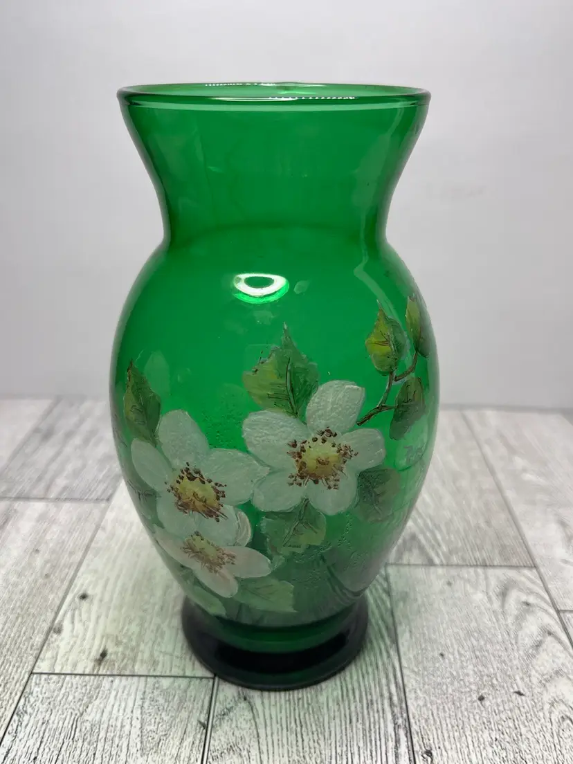 Artist Signed Hand Painted Green Floral Vase