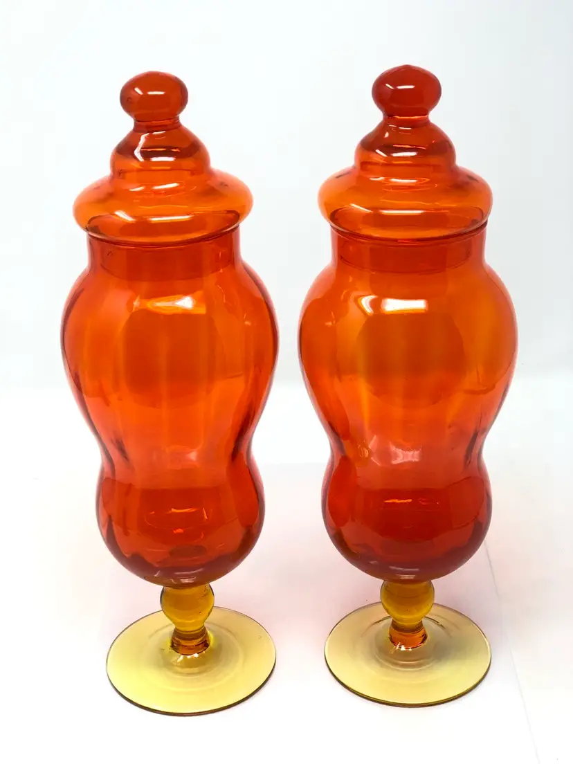 Pair of Empoli Circus Tent Amberina Apothecary Jars