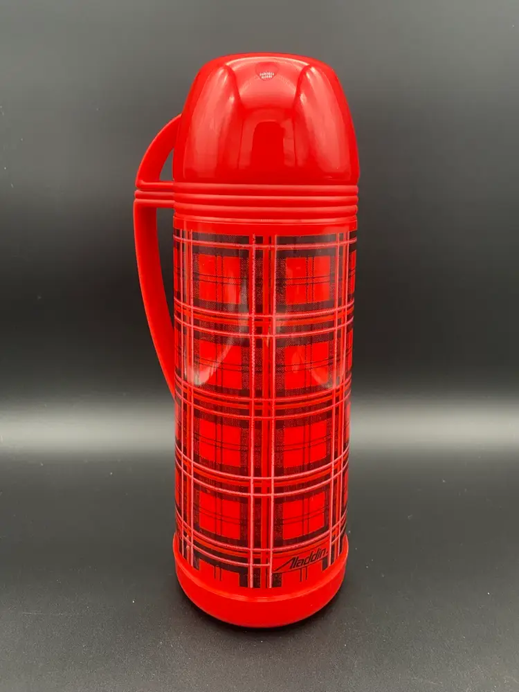 Aladdin Vintage Red Plaid Pattern 1 Liter/Quart Vacuum Bottle Thermos w Cup #290
