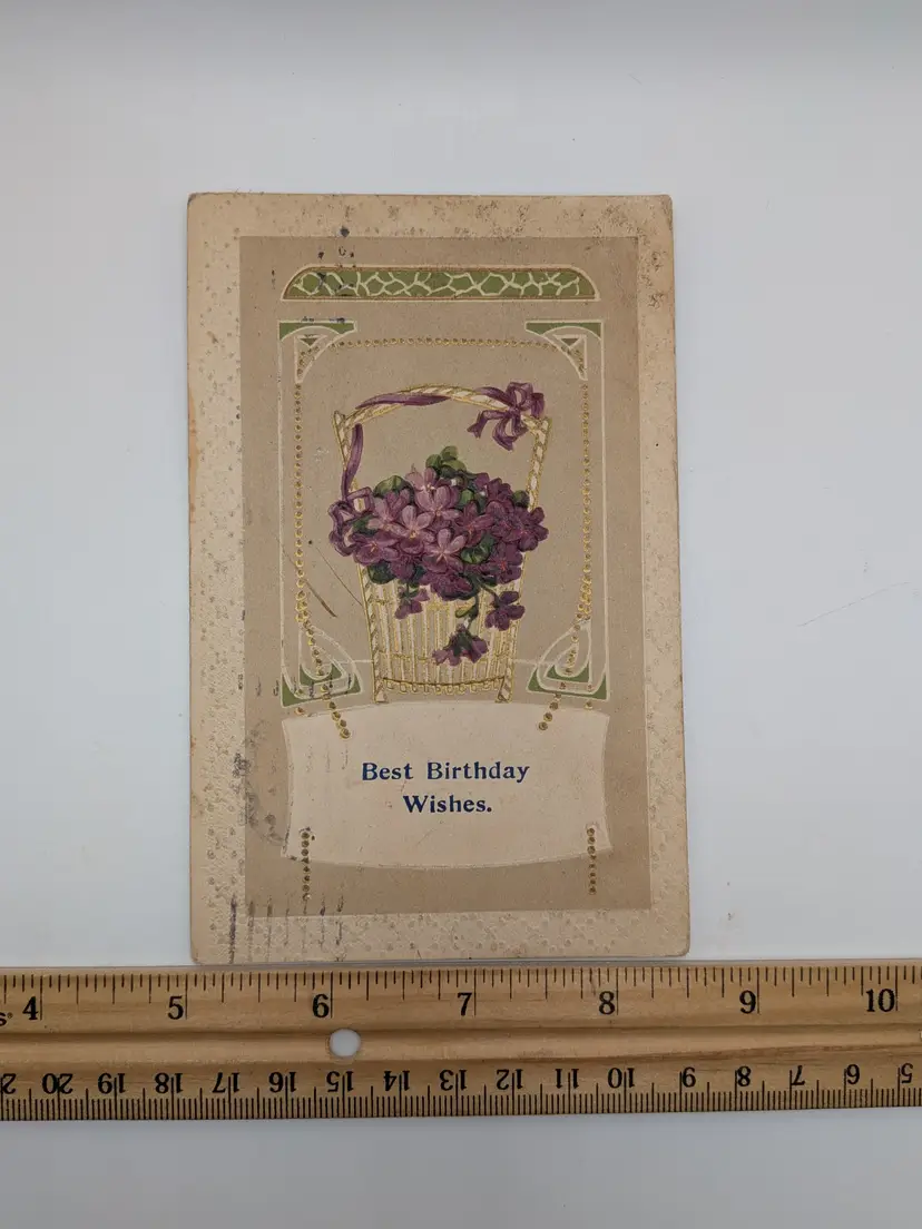 E6. Antique Early 1900s Best Birthday Wishes Floral Postcard w/Green 1¢ Stamp