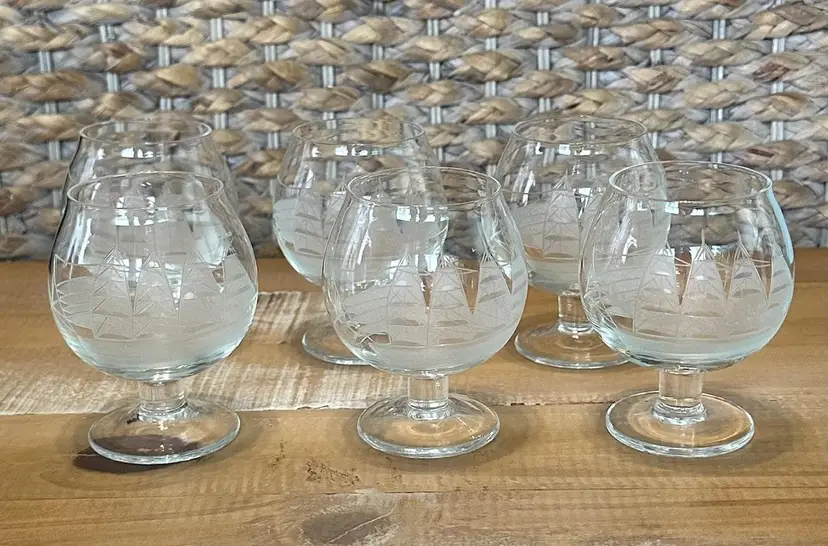 Set Of 6 Vintage Clear Brandy Snifters Nautical Etched Schooner Sail Boats Ships