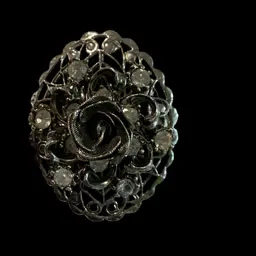 Vintage Silvertone Rose Flower Brooch. With Clear GL Rhinestones. Oval Shape Open Art Work.