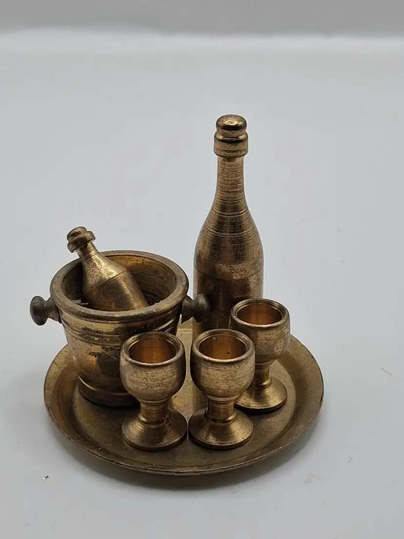 Vintage Miniature Brass Beverage Set: Ice Bucket with 2 Bottles & 3 Goblets & Tray